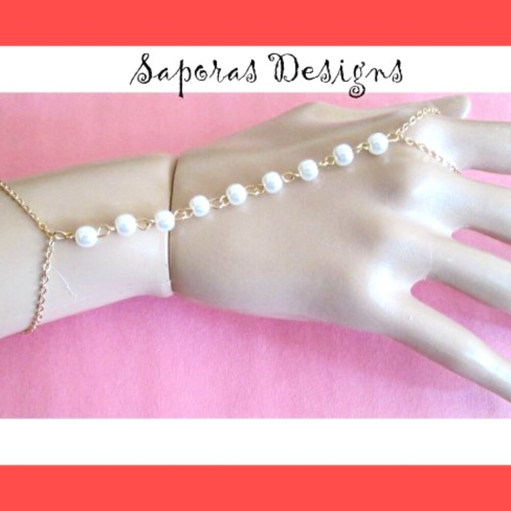 Gold Tone Slave Bracelet With White Faux Pearls For Teens/Women